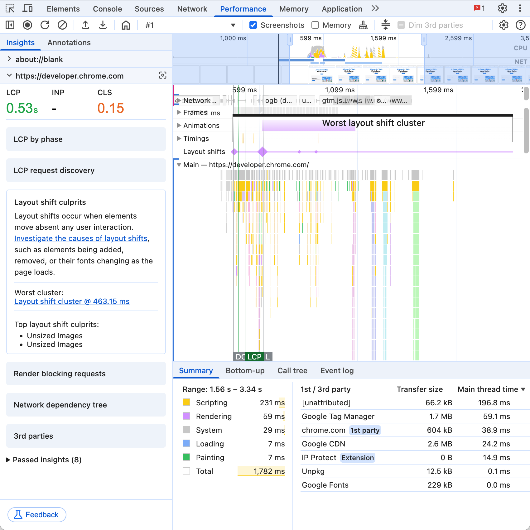 Soldaki Analizler kenar çubuğuyla birlikte, izlemeyle ilgili analizlerin listesini gösteren DevTools Performans paneli