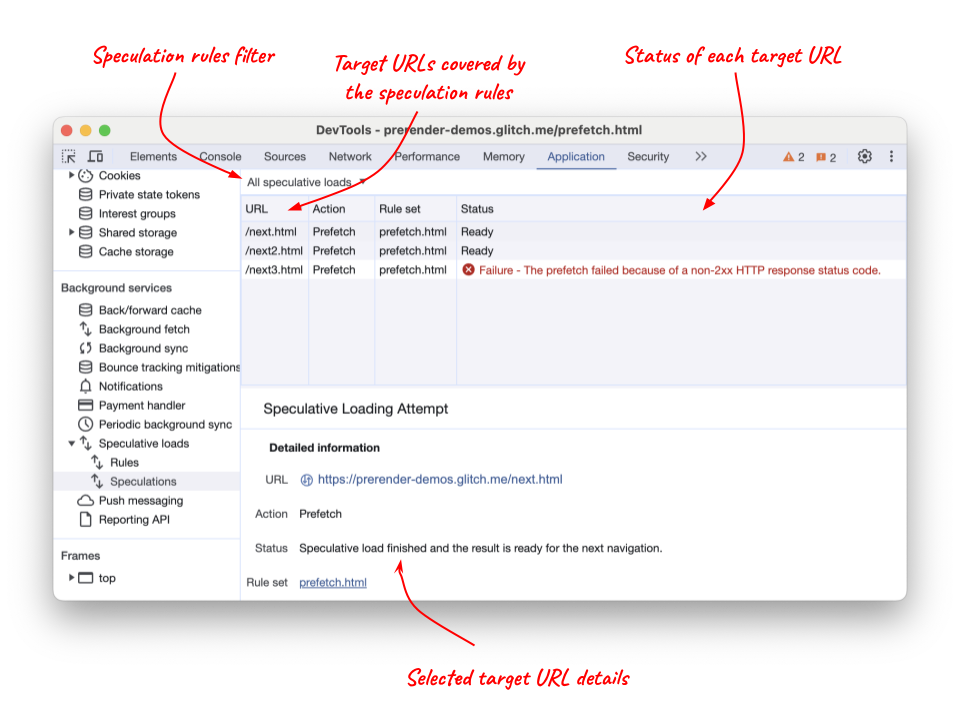 Onglet "Spéculations" des outils pour les développeurs Chrome affichant les URL préchargées et leur état