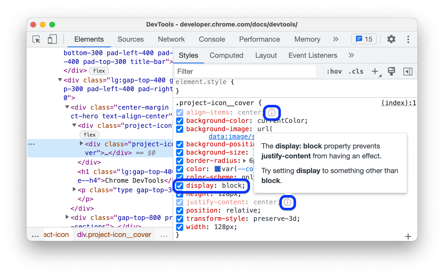 Déclaration CSS inactive avec un indice.