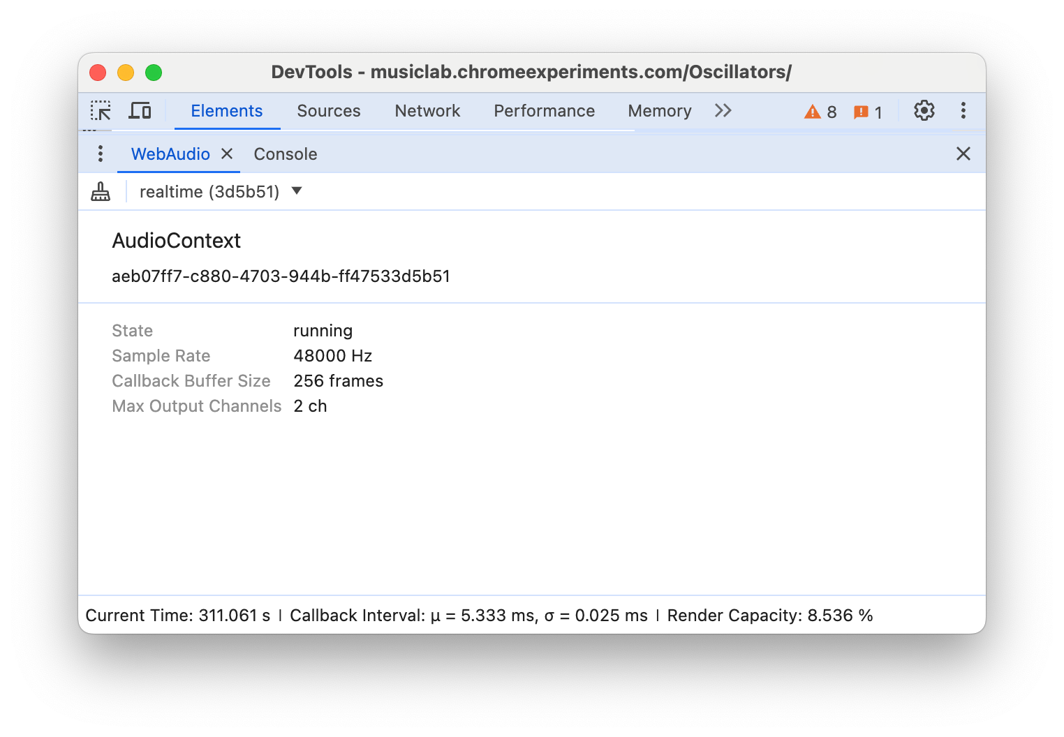 Painel WebAudio no DevTools