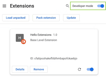 Chrome एक्सटेंशन पेज, जिसमें डेवलपर मोड टॉगल को हाइलाइट किया गया है
